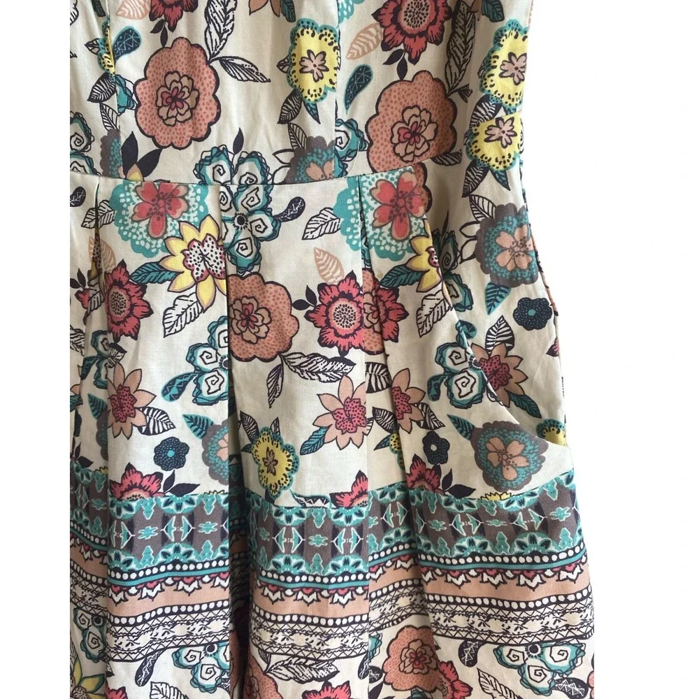 Teezeme Ivory Floral Pleated Mini Dress Size 3/4 Sleeveless Eyelet Pockets Cute‎ - Picture 9 of 13